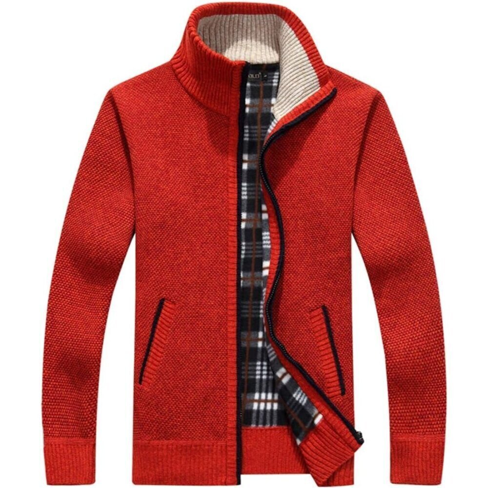 Men's Red Casual Slim Full Zip Knitted Polyester Cardigan Sweater with Pocked